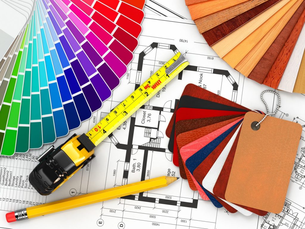 Floor plans, colour palettes, and tape measure